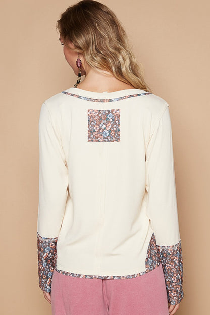 POL V-Neck Long Sleeve Floral Number Patch T-Shirt