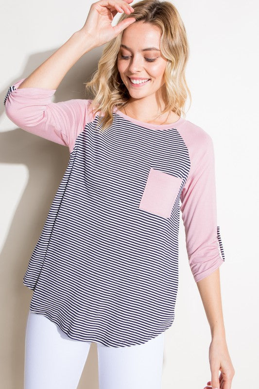 STRIPE SOLID ROLL UP SLEEVE TOP