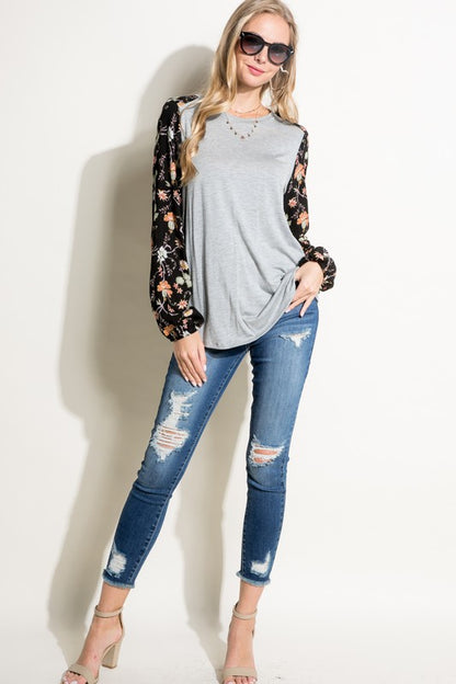 PLUS SOLID AND FLORAL PRINT MIXED CASUAL TOP