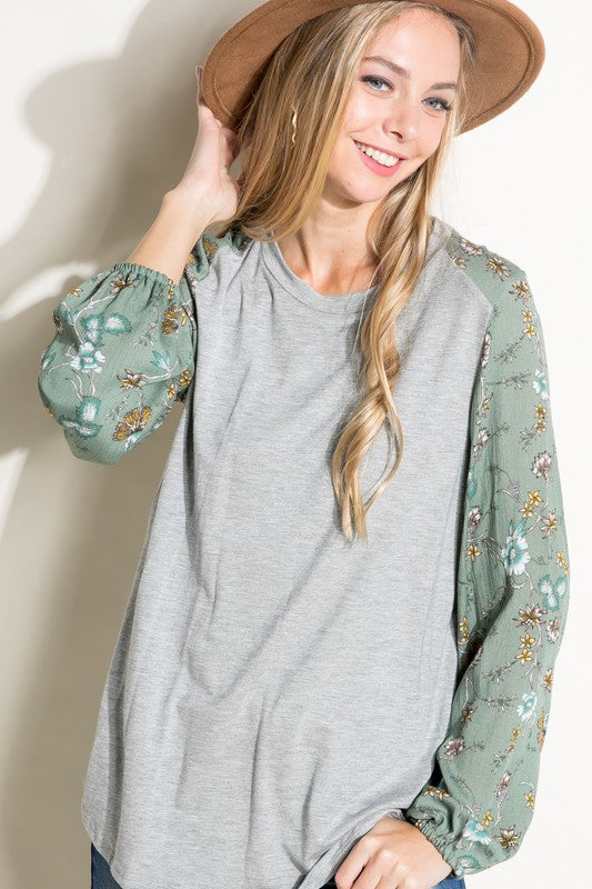 PLUS SOLID AND FLORAL PRINT MIXED CASUAL TOP