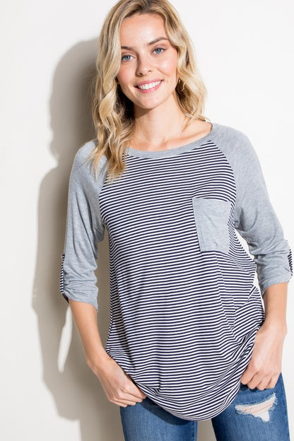 STRIPE SOLID ROLL UP SLEEVE TOP