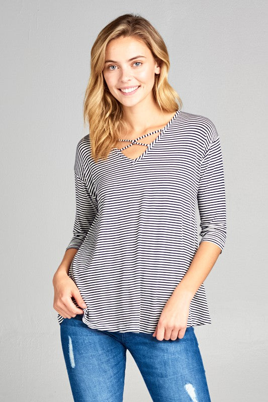 STRIPE JERSEY LACE UP NECK CASUAL TOP