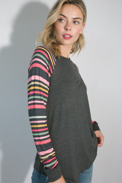 PLUS MULTI STRIPE PRINT AND SOLID MIXED CASUAL TOP