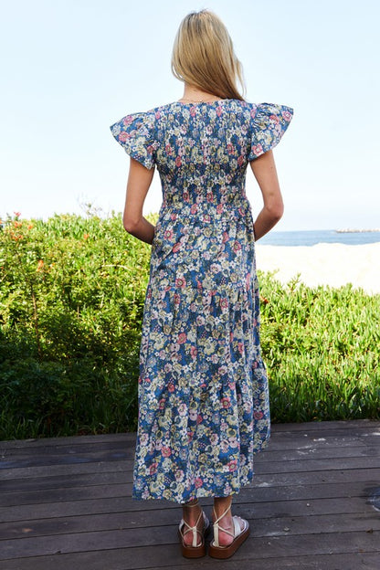 Vintage Garden Floral Flutter Smocking Midi Dress