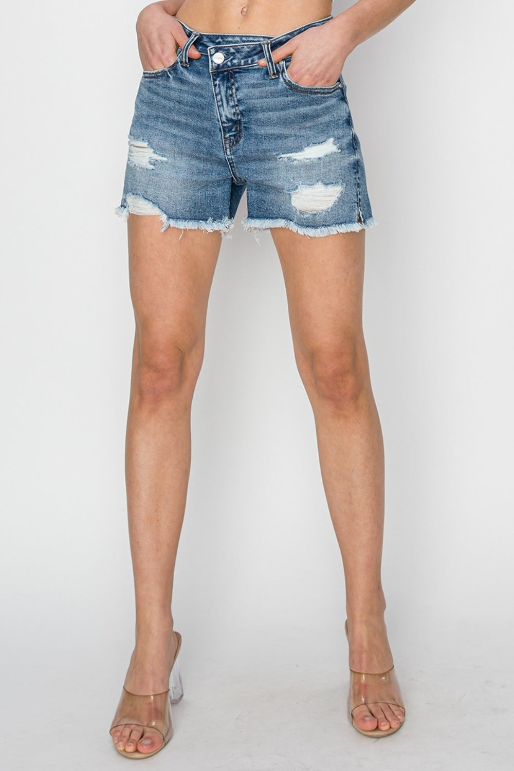 RISEN Stepped Waist Frayed Denim Shorts