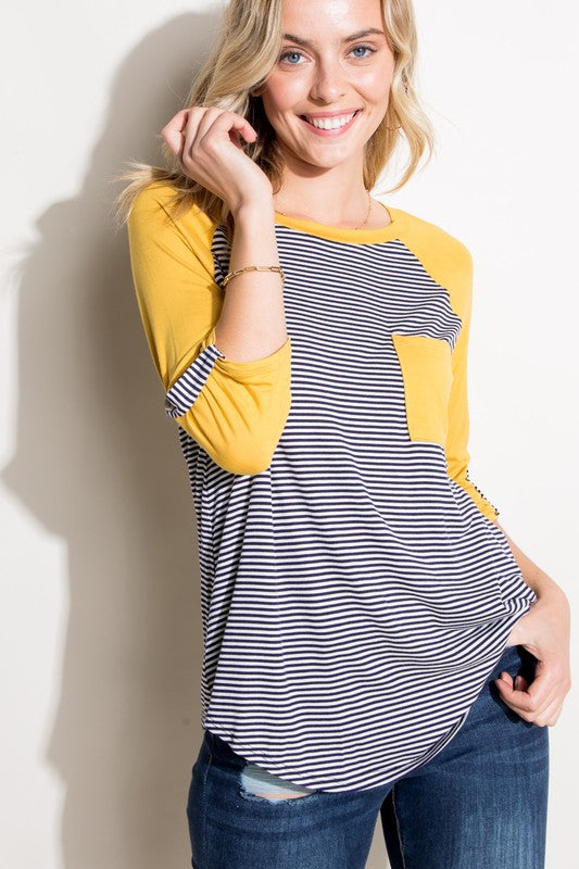 STRIPE SOLID ROLL UP SLEEVE TOP