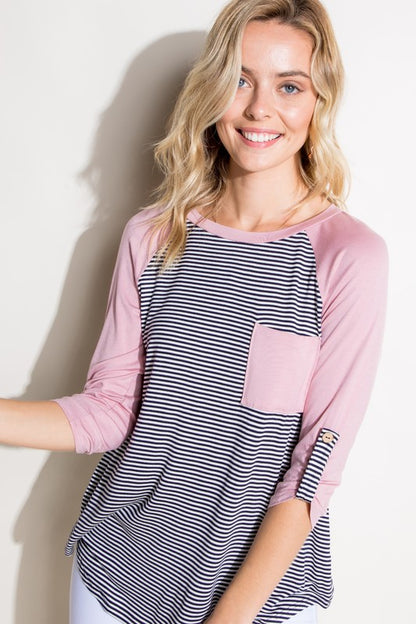 STRIPE SOLID ROLL UP SLEEVE TOP