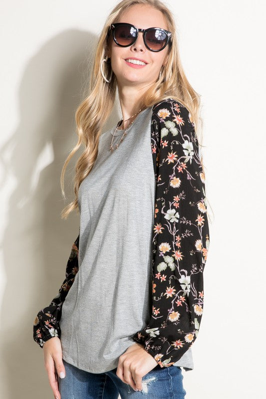 PLUS SOLID AND FLORAL PRINT MIXED CASUAL TOP