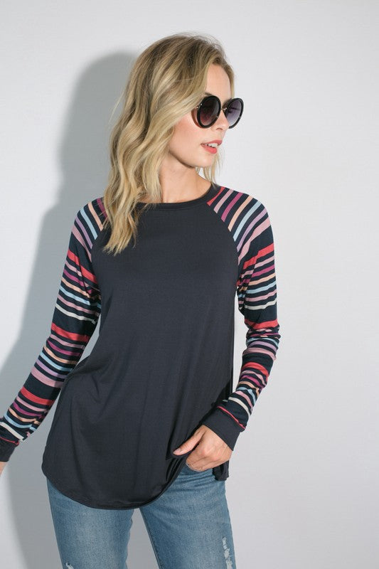 PLUS MULTI STRIPE PRINT AND SOLID MIXED CASUAL TOP