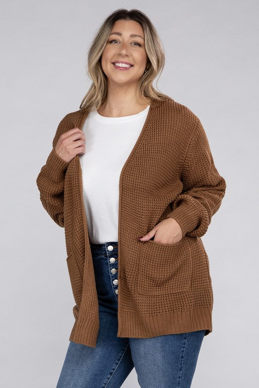 Plus Low Gauge Waffle Open Cardigan Sweater