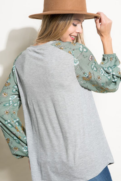 PLUS SOLID AND FLORAL PRINT MIXED CASUAL TOP