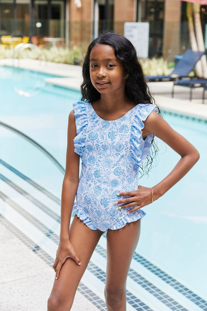 KIDS - Marina West Swim Bring Me Flowers V-Neck One Piece Swimsuit In Thistle Blue