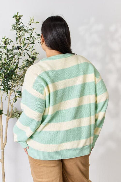 Sew In Love Full Size Contrast Striped Round Neck Sweater