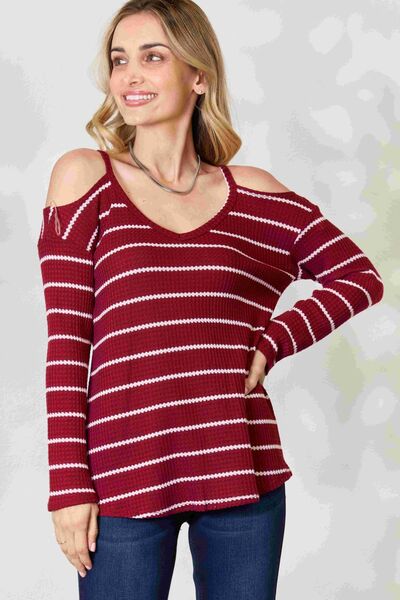 BiBi Striped Cold Shoulder Long Sleeve Knit Top