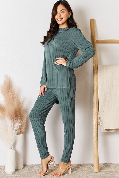 Basic Bae Full Size Ribbed Round Neck and Pants Set